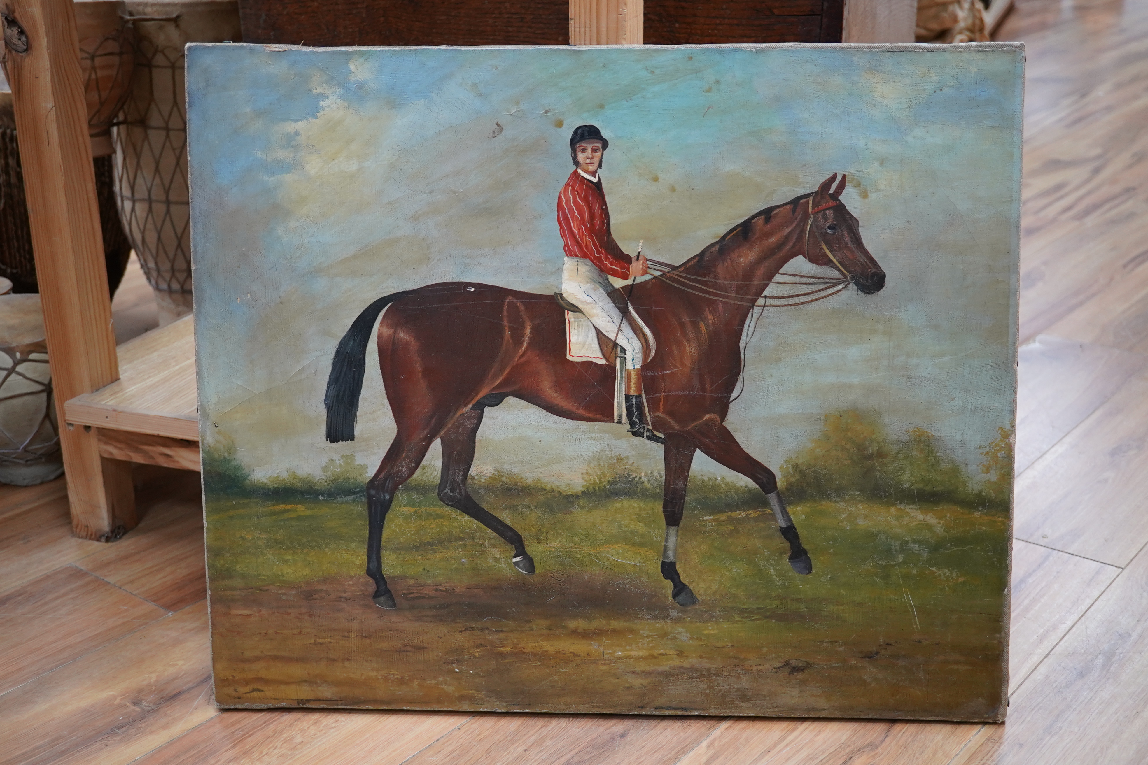 Naive School, oil on canvas, Study of a jockey on horseback, unsigned, 51 x 61cm, unframed. Condition - fair, craquelure throughout